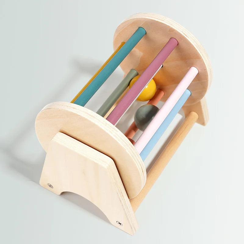 Montessori Toys for Baby Early Learning Wooden Rolling Ball Drum Listening Exercise Color Cognition Hand-eye