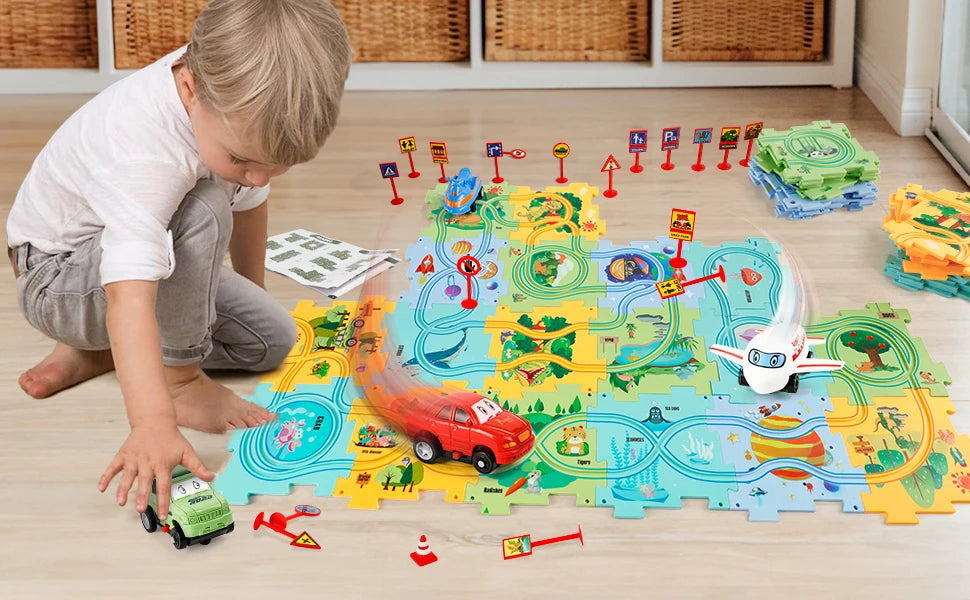 Puzzle Racer Kids Car Track Set Plastic Floor Puzzles for 3 4 5 6 Year Old Boys Montessori Toys Brain Toys 2024 NEW