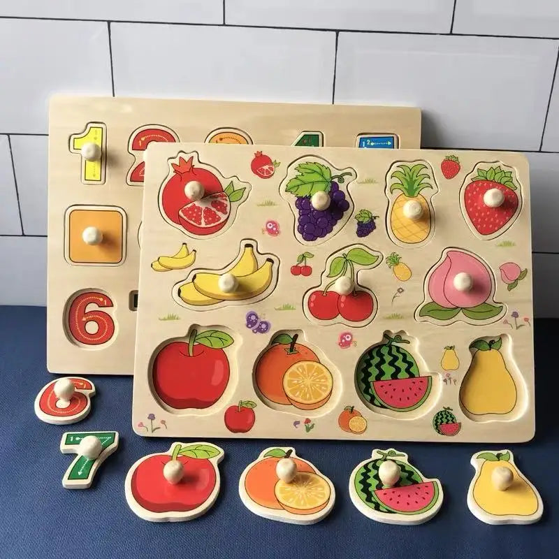 Montessori Wooden Puzzles for Toddlers Hand Grab Board Alphabet Number Cognition Matching Learning