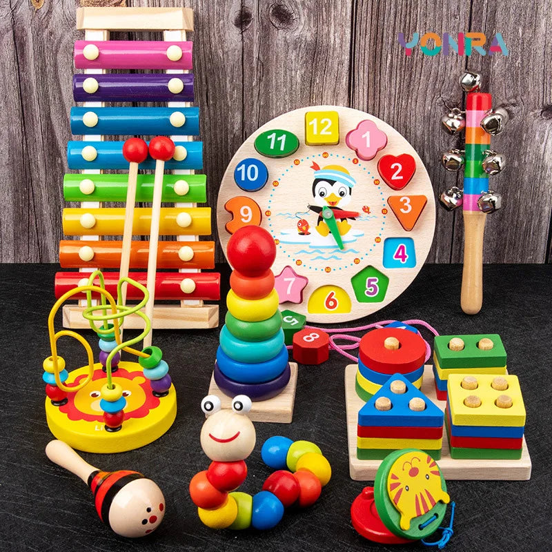 9 in 1 Wooden Montessori Toys Rattle Bell Drum Column Set Musical Instruments Sensory Early Baby