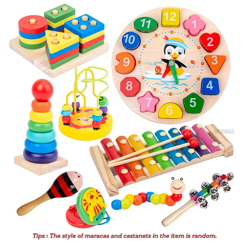 9 in 1 Wooden Montessori Toys Rattle Bell Drum Column Set Musical Instruments Sensory Early Baby
